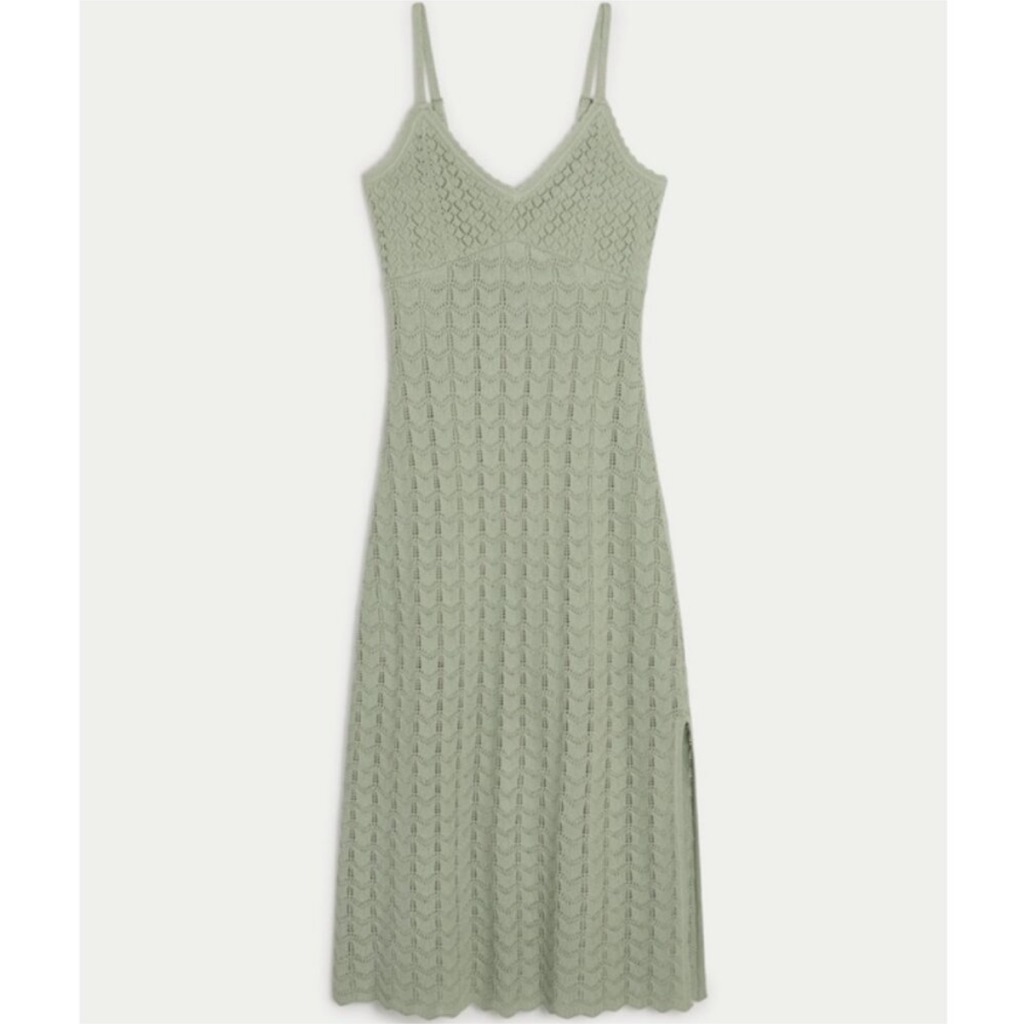 Hollister Dress Women Size Xl Sage Green Knit Crochet Cami Cottagecore Babydoll